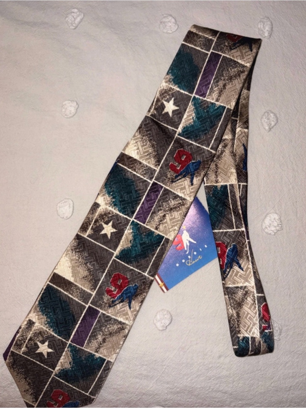 Gordie Howe- Men's Patterned Silk Tie in Teal, Purple & Red
